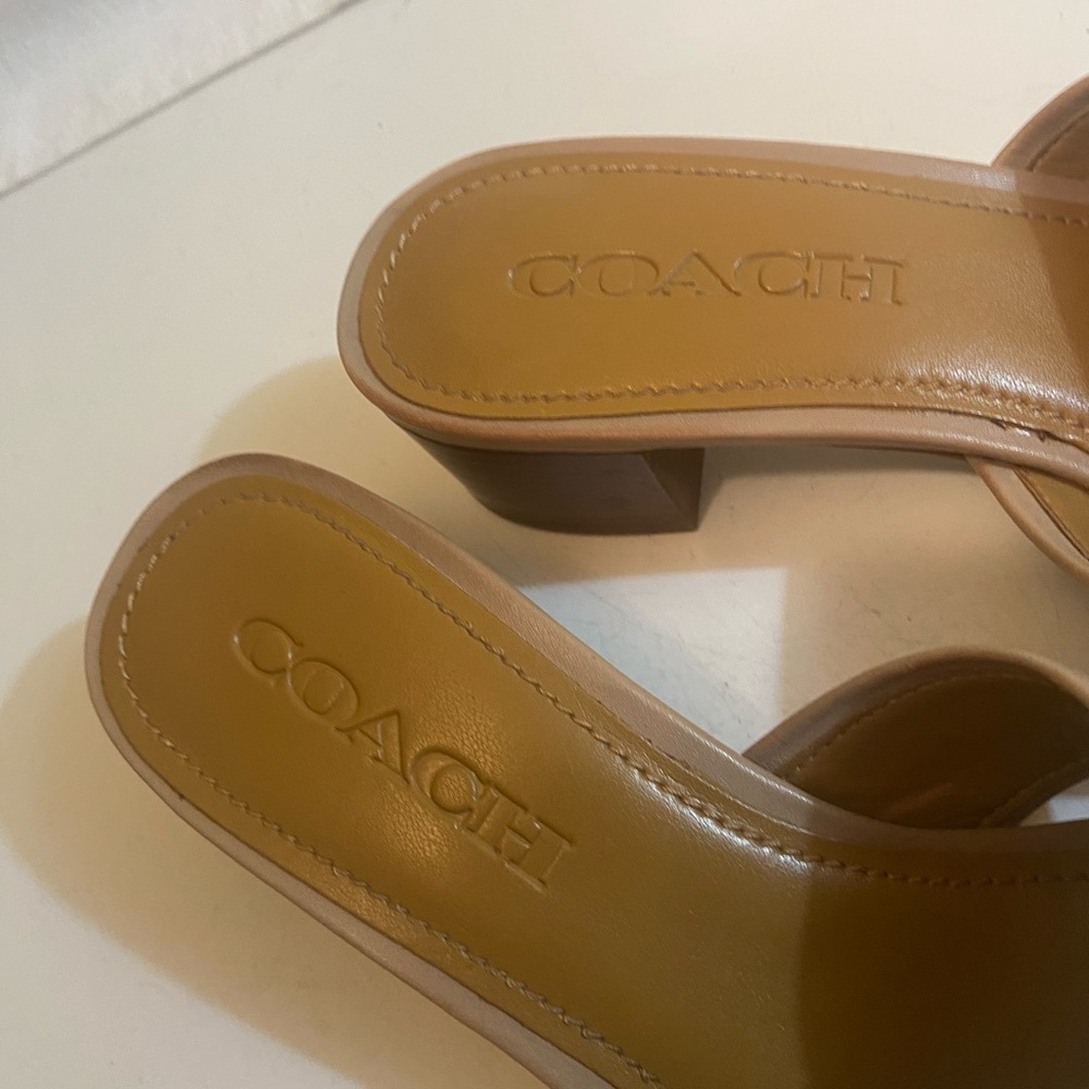 Coach Two-Tone Cream and Taupe Leather Block Heel Mules - Picture 2 of 5